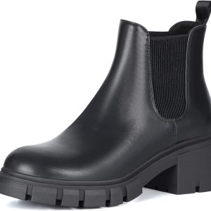 Athlefit Women's Chelsea Boots Fashion Lug Sole Chunky Heel Slip on Elastic Ankle Booties